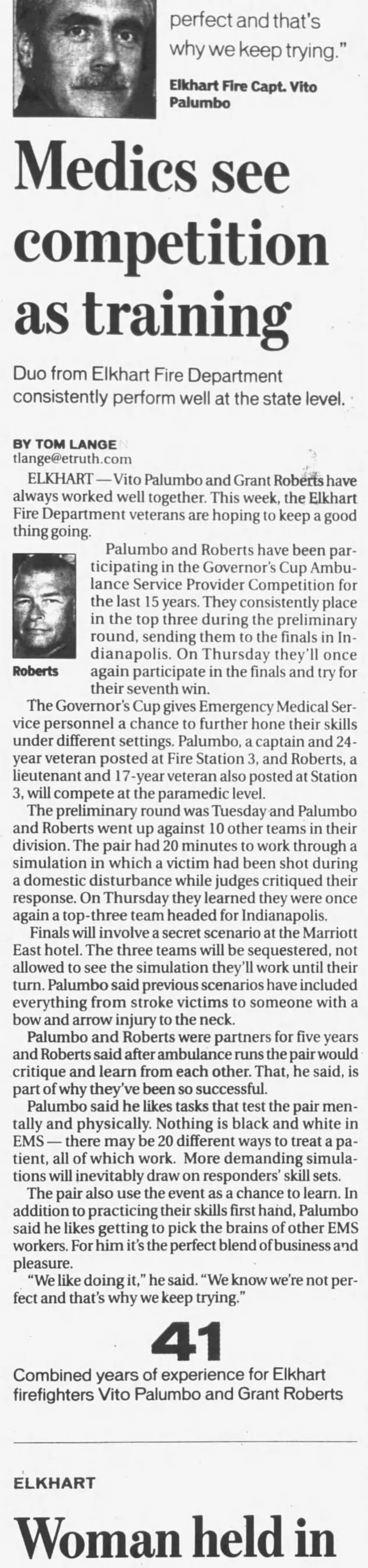 Medics see competition as training, The Elkhart Truth, September 15, 2008, page 3